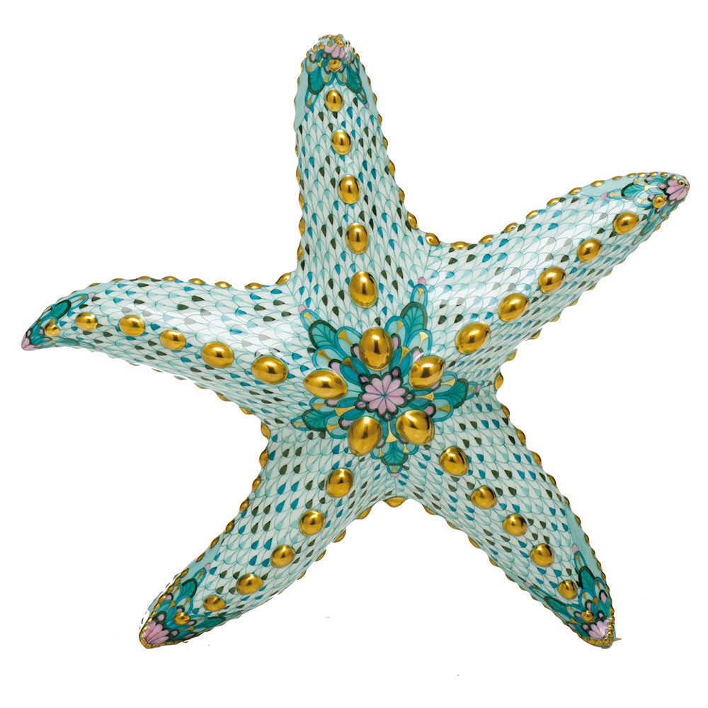 Hand-painted Herend Starfish Figurine in fine porcelain, 9.5in L X 9.25in W X 1.75in H, on a white background