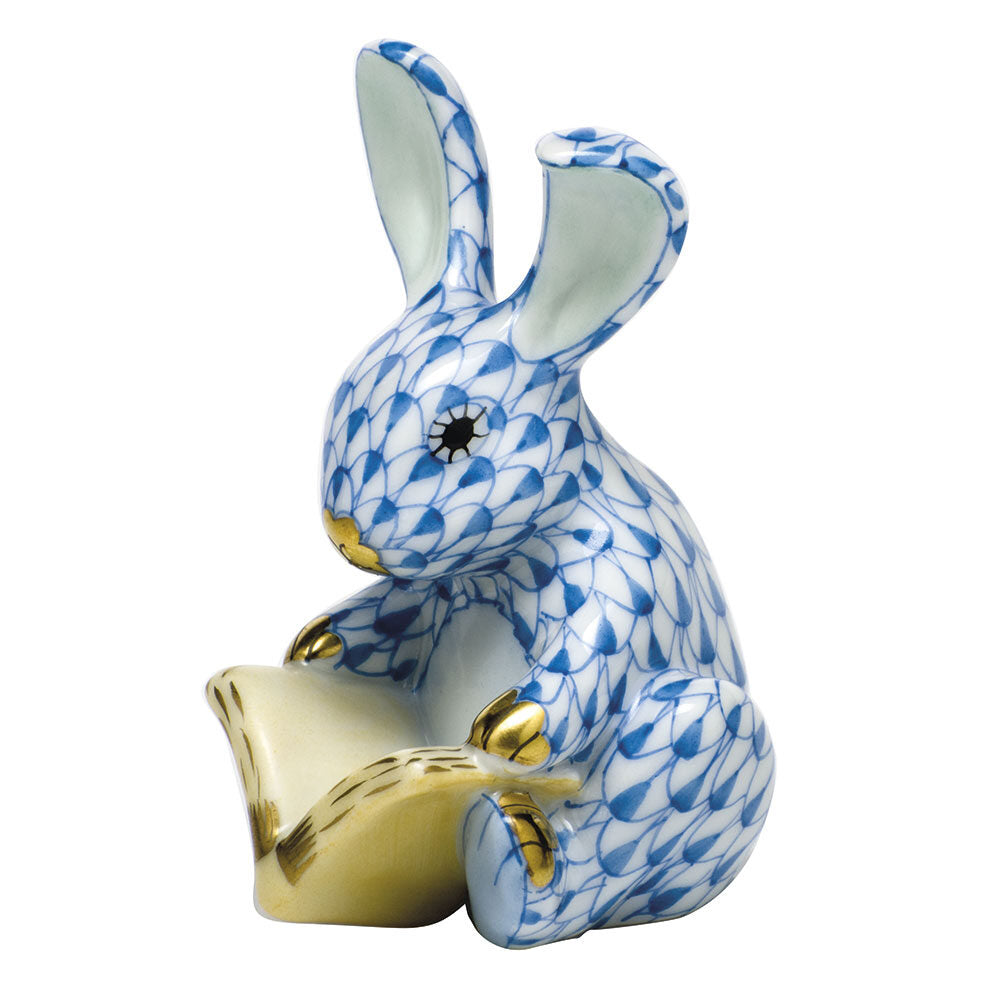 Blue fishnet Storybook Bunny Figurine figurine, hand-painted Herend porcelain with 24k gold accents