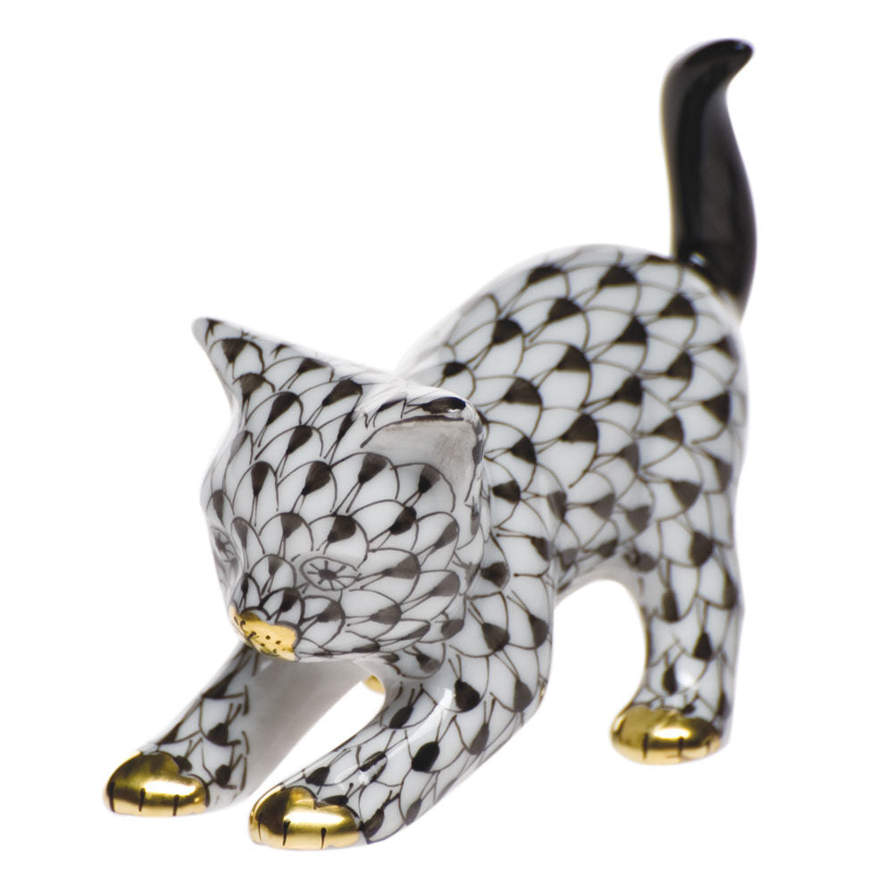 Hand-painted Herend Stretching Kitty Figurine in Black fishnet porcelain on a white background