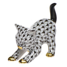 Hand-painted Herend Stretching Kitty Figurine in Black fishnet porcelain on a white background