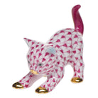 Raspberry fishnet Stretching Kitty Figurine figurine, hand-painted Herend porcelain with 24k gold accents