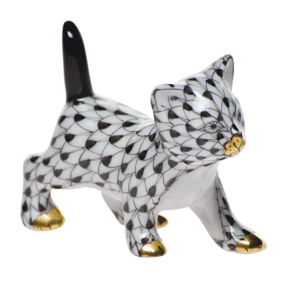 Herend Strutting Kitty Figurine porcelain figurine painted in the Black fishnet pattern