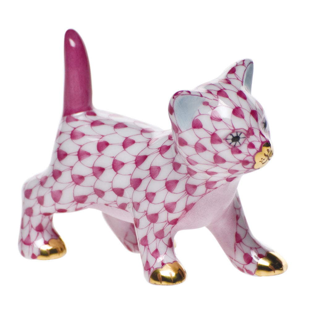 Hand-painted Herend Strutting Kitty Figurine in Raspberry fishnet porcelain on a white background