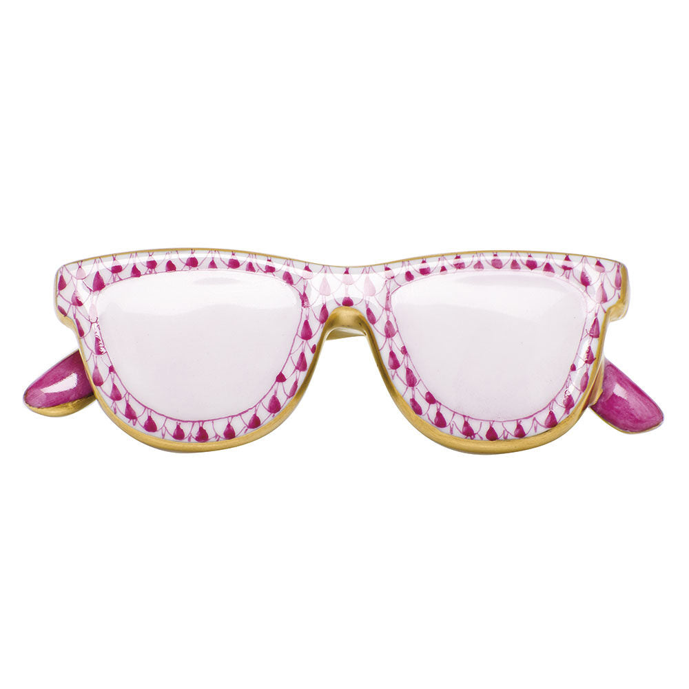 Hand-painted Herend Sunglasses Figurine in Raspberry fishnet porcelain on a white background