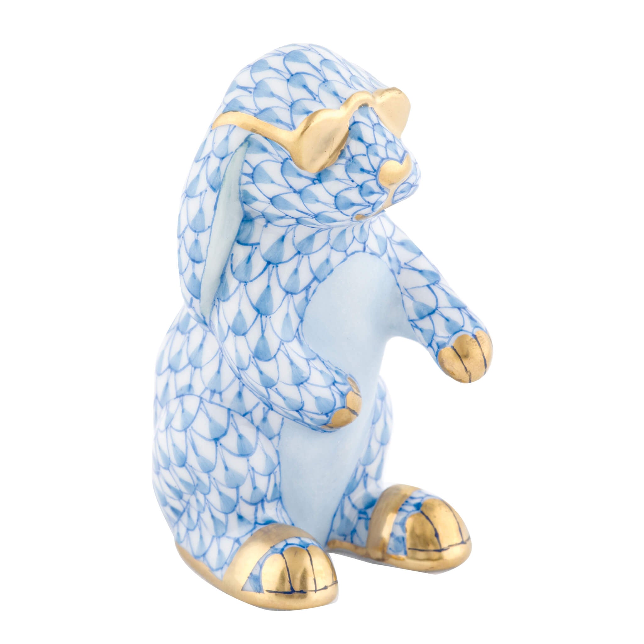 Herend Sunny Bunny figurine in Blue with blue fishnet pattern with gold accents on a white background