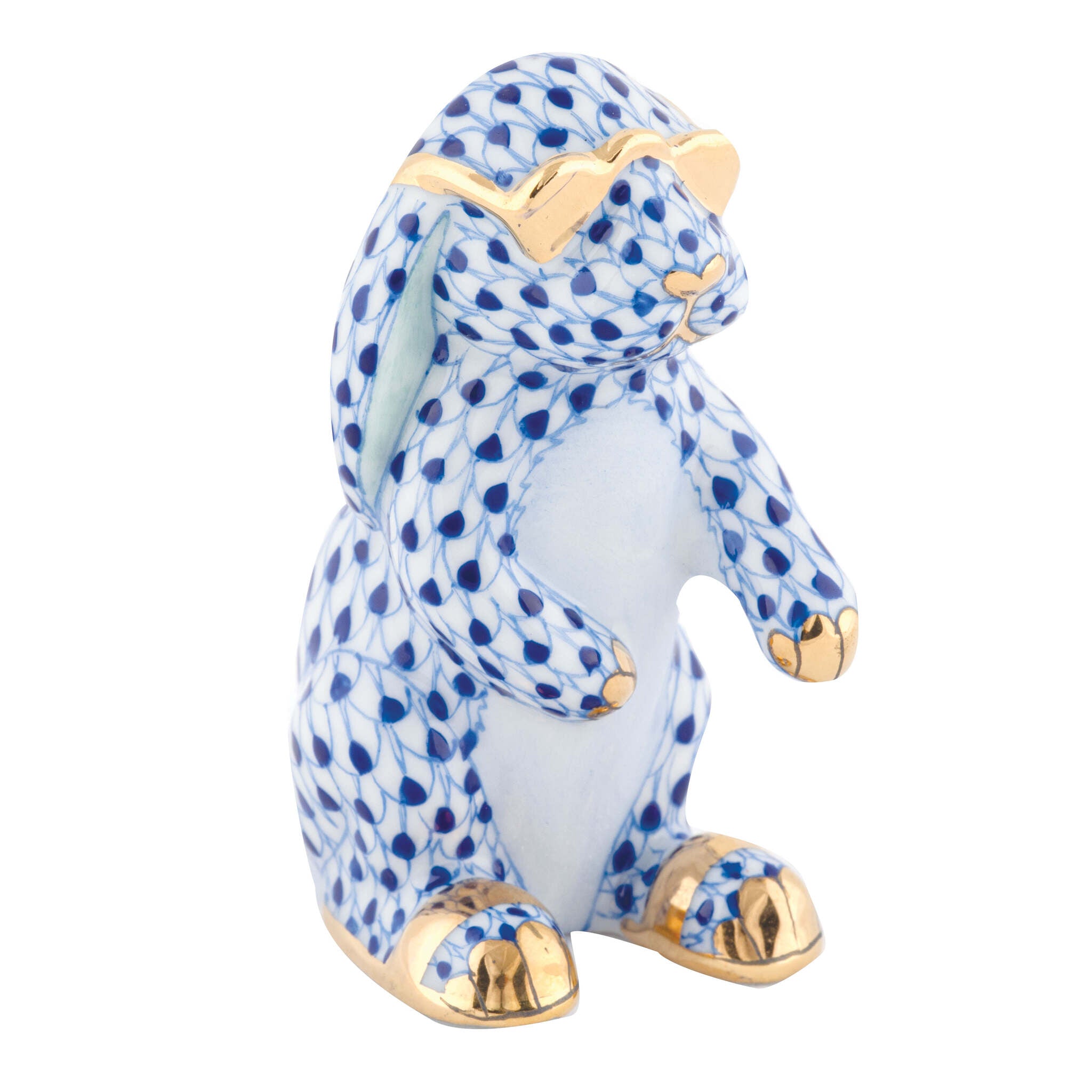 Hand-painted Herend Sunny Bunny Figurine in Sapphire fishnet porcelain on a white background