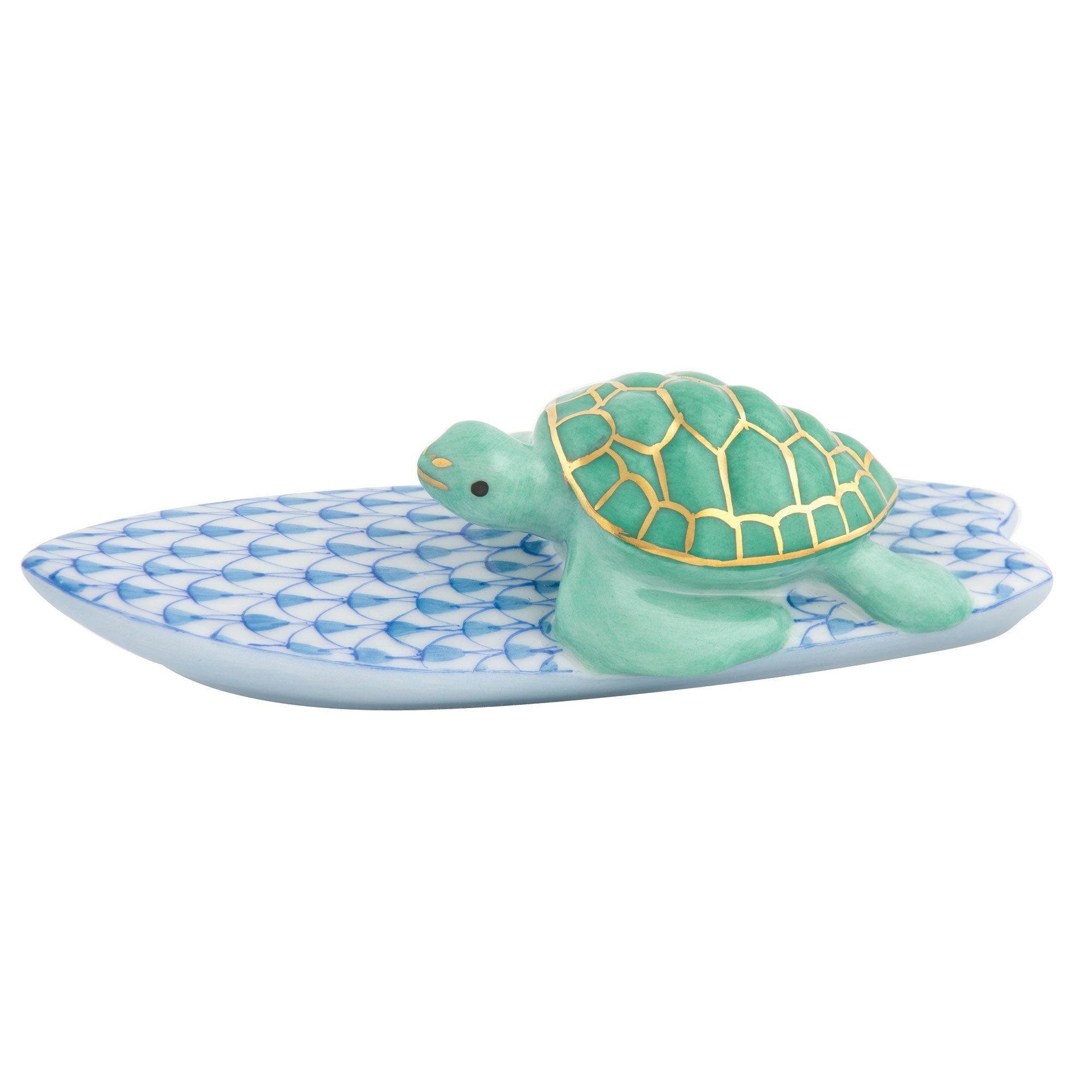 Herend Surfing Turtle Figurine porcelain figurine painted in the Blue fishnet pattern