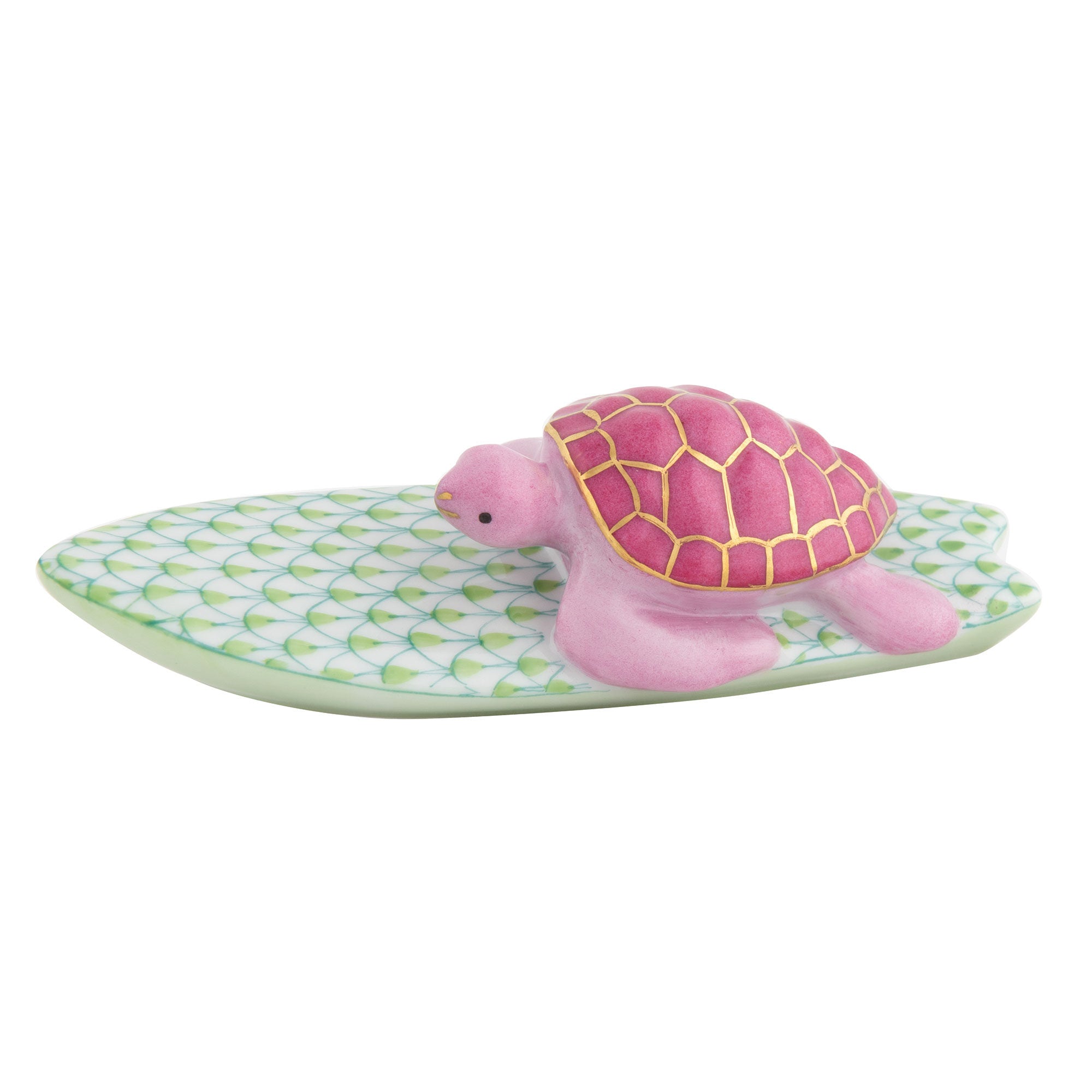 Key Lime fishnet Surfing Turtle Figurine figurine, hand-painted Herend porcelain with 24k gold accents