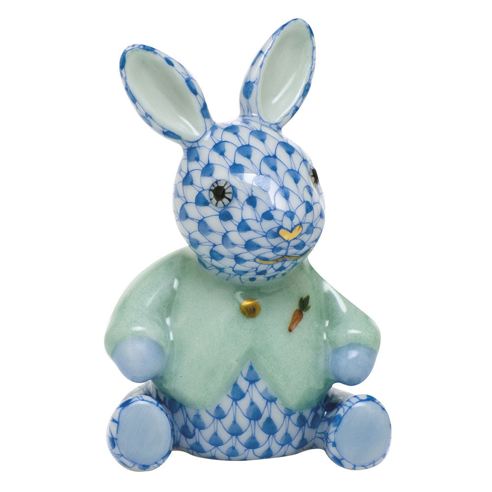 Hand-painted Herend Sweater Bunny Figurine in Blue fishnet porcelain on a white background