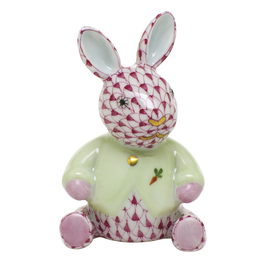 Hand-painted Herend Sweater Bunny Figurine in Raspberry fishnet porcelain on a white background