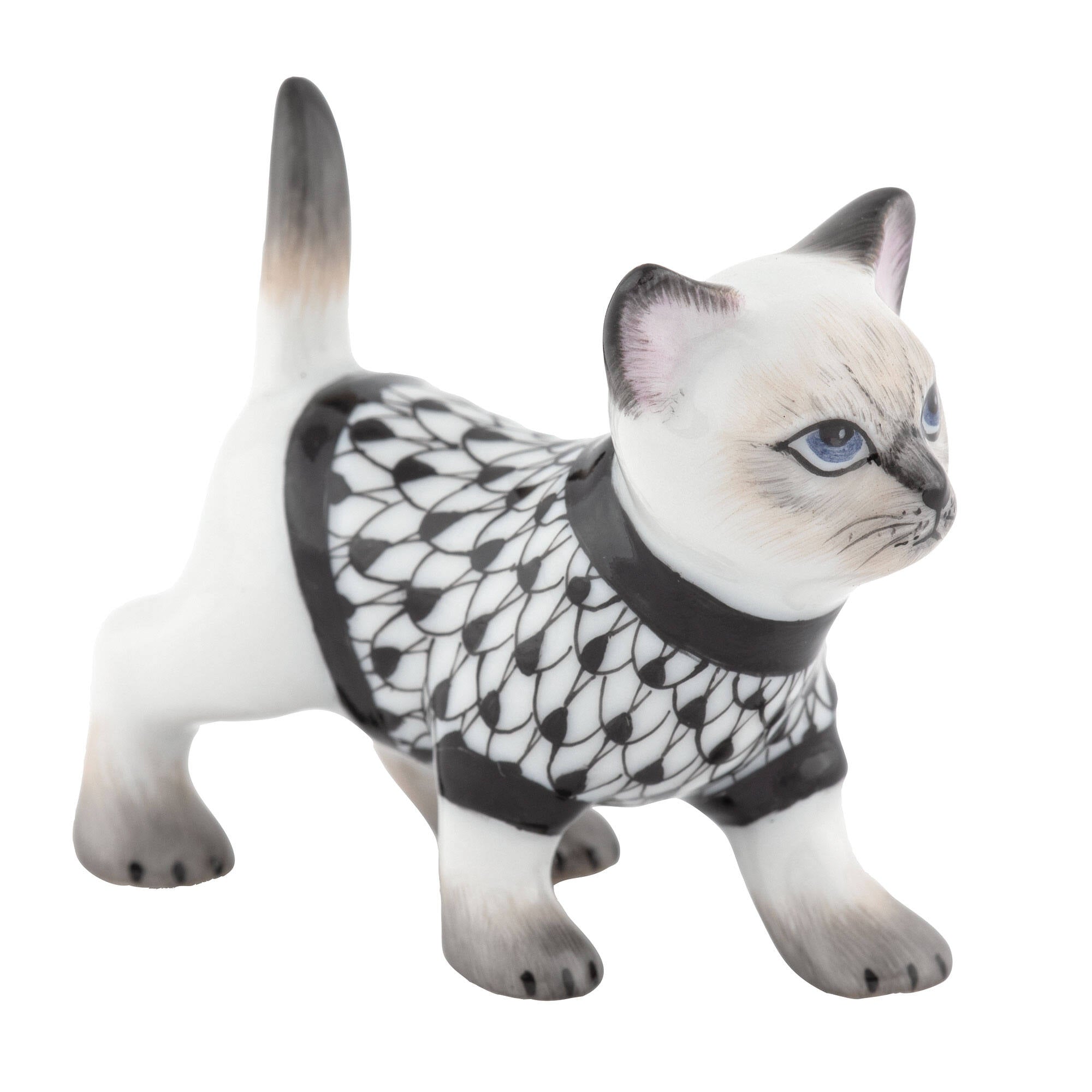 Hand-painted Herend Sweater Kitty Figurine in Black fishnet porcelain on a white background