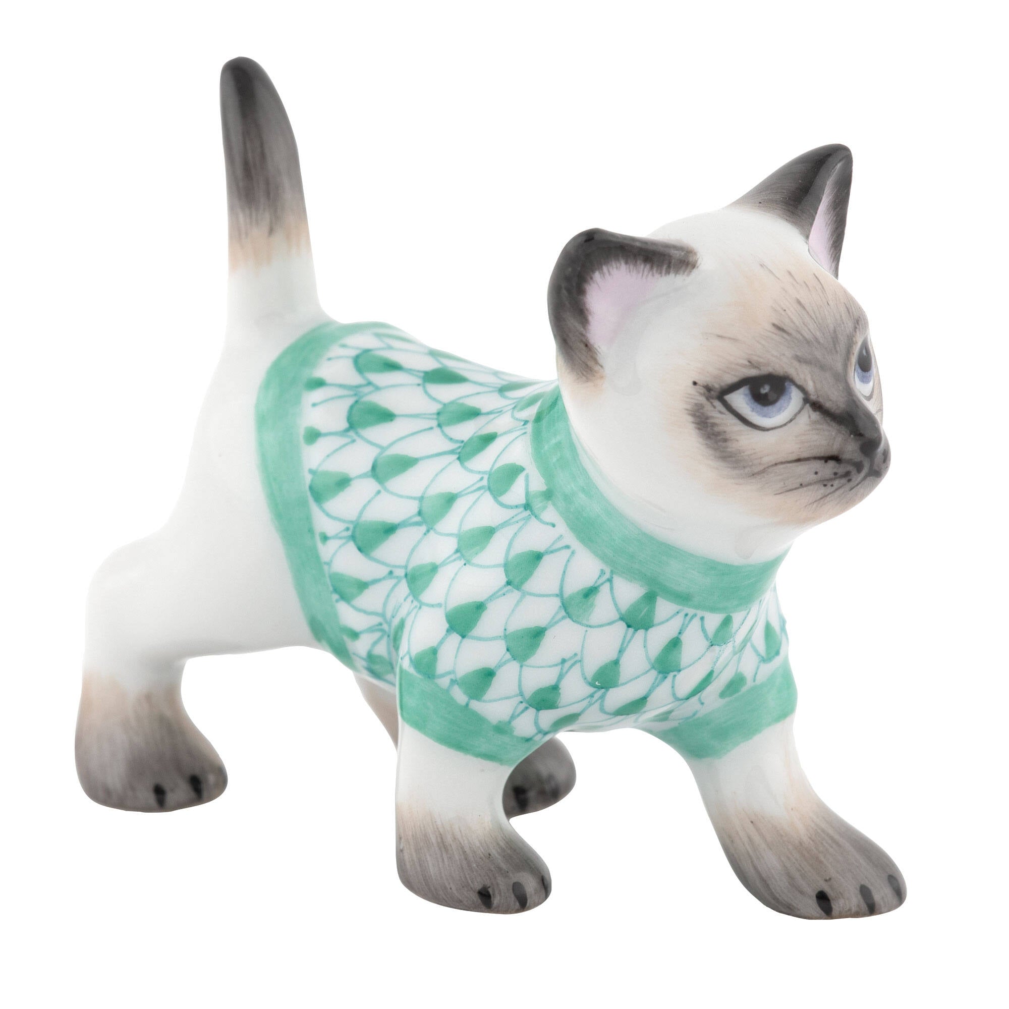 Hand-painted Herend Sweater Kitty Figurine in Green fishnet porcelain on a white background