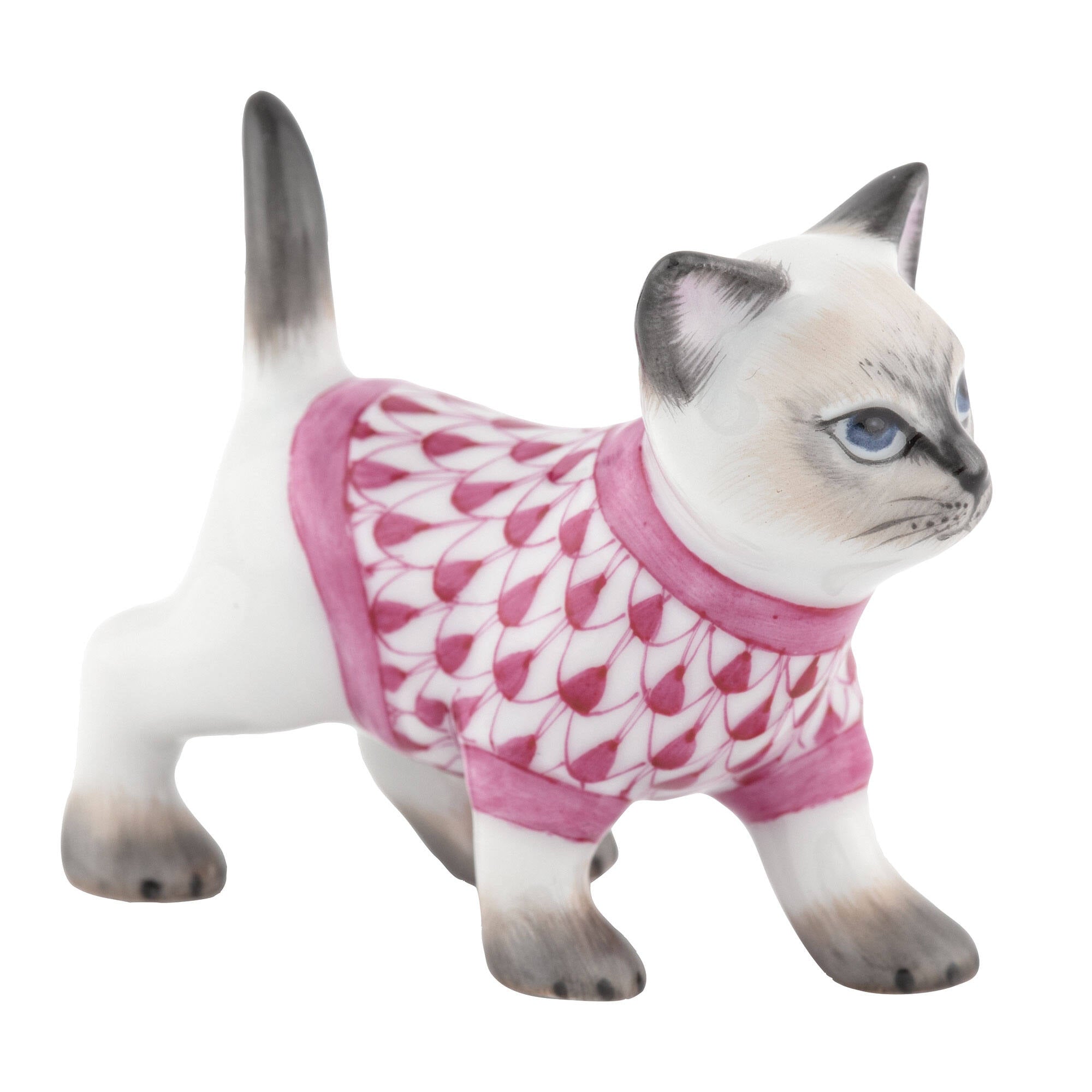Herend Sweater Kitty Figurine porcelain figurine painted in the Raspberry fishnet pattern