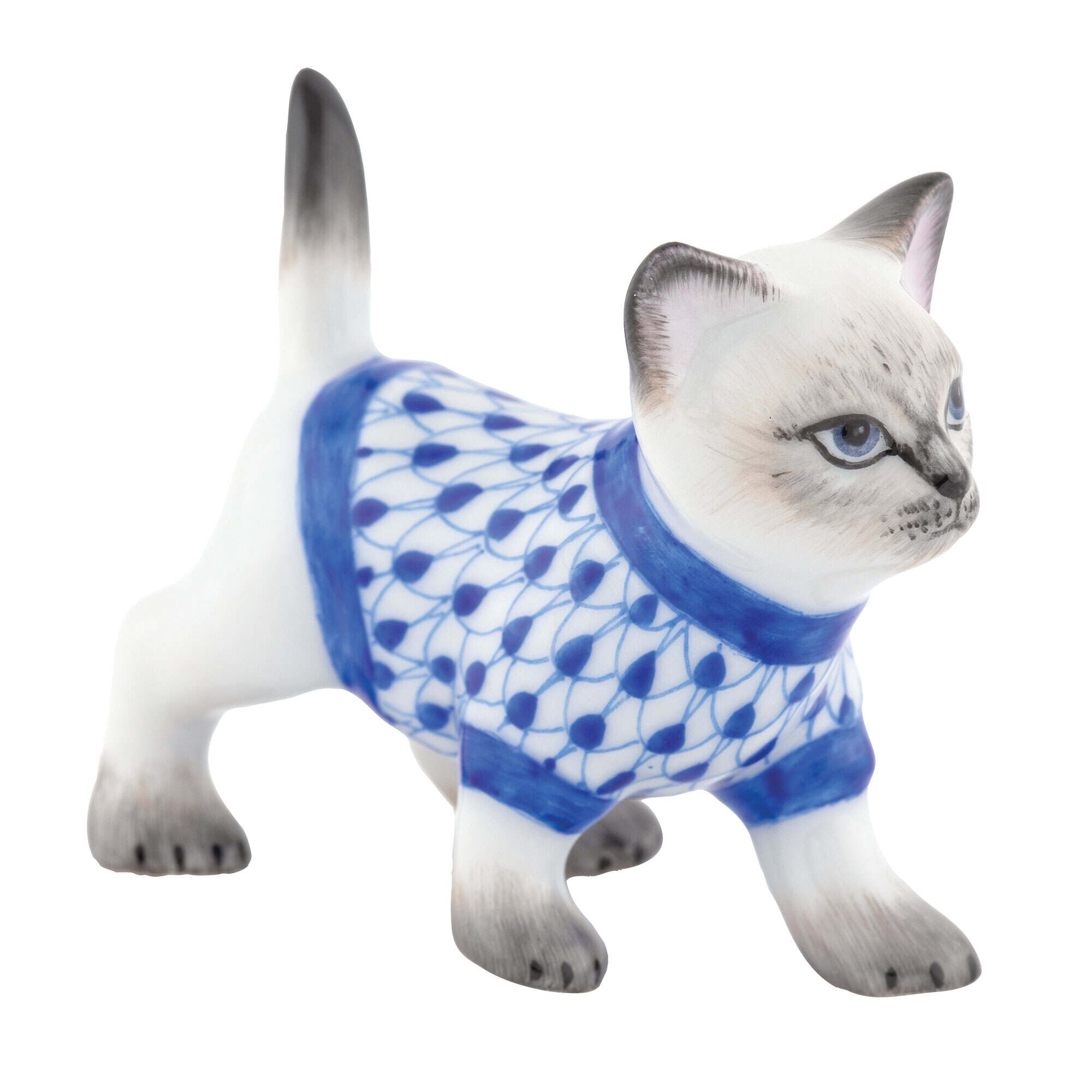Herend Sweater Kitty Figurine porcelain figurine painted in the Sapphire fishnet pattern
