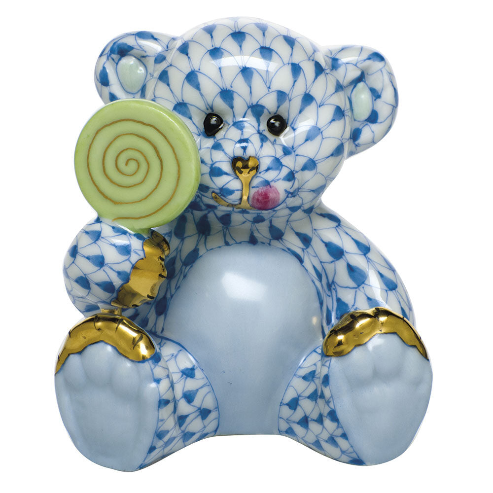 Sweet Tooth Teddy Figurine in hand-painted Blue porcelain by Herend of Hungary