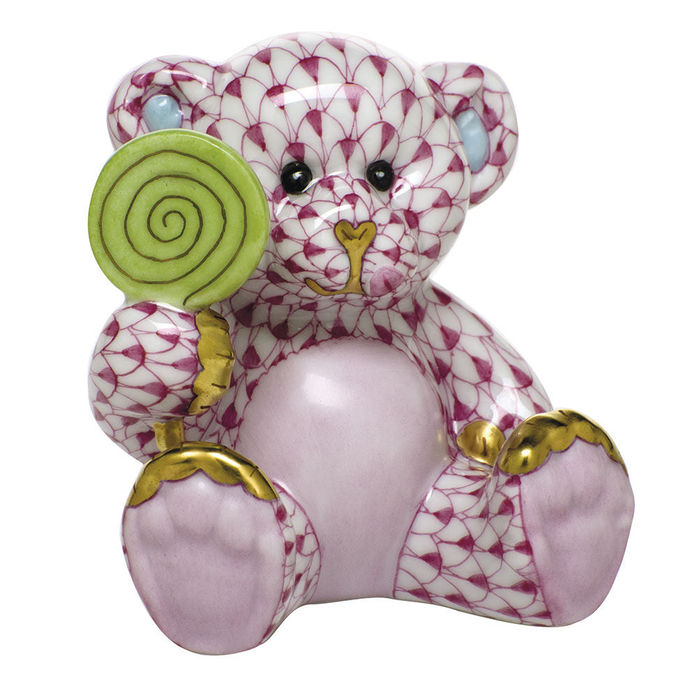 Sweet Tooth Teddy Figurine in hand-painted Raspberry porcelain by Herend of Hungary