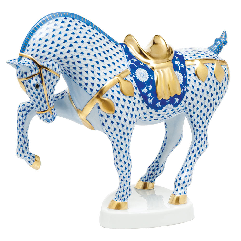 Hand-painted Herend Tang Horse Figurine in fine porcelain, 14in L X 12in H, on a white background