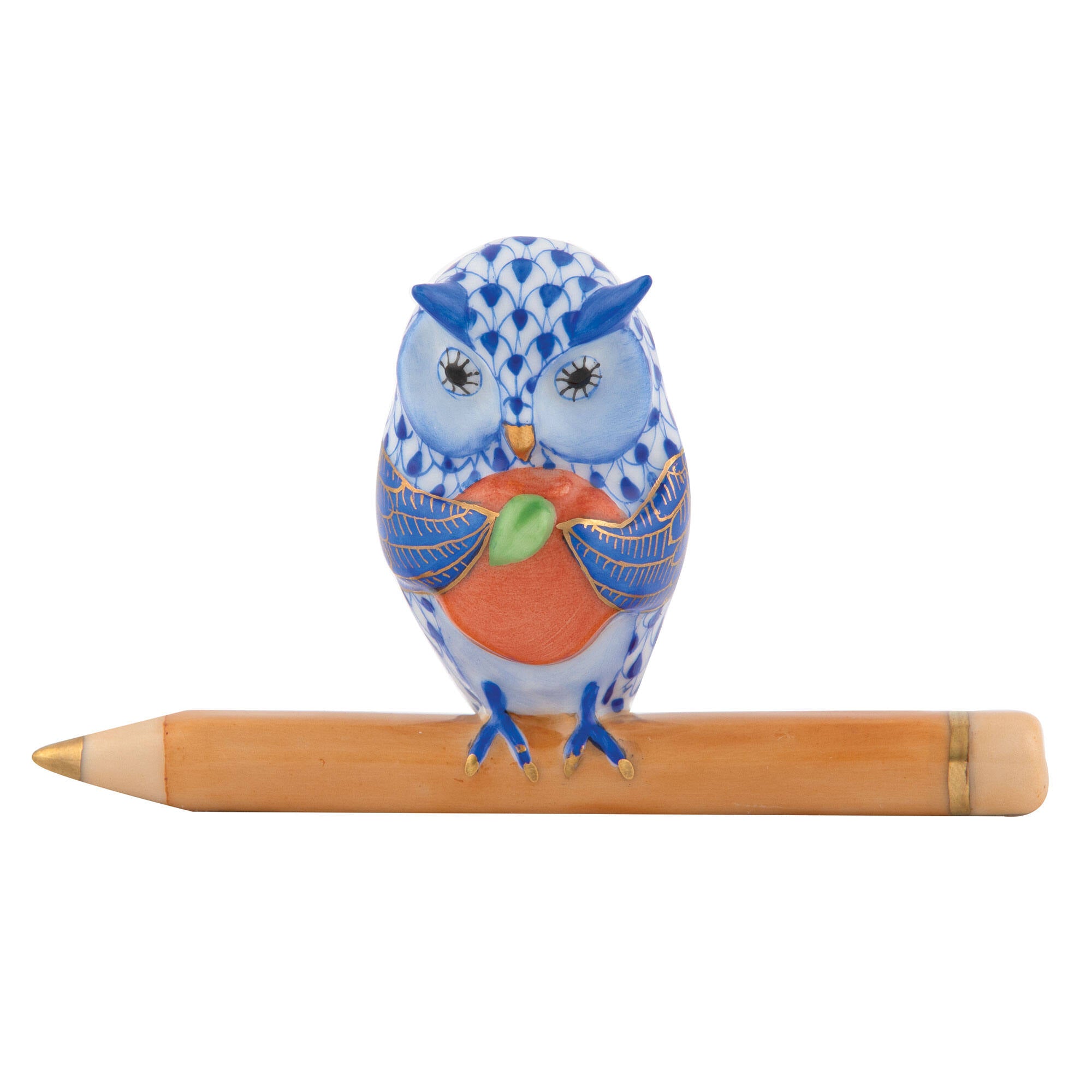 Hand-painted Herend Teacher Owl Figurine in fine porcelain, 1in L X 3.25in W X 2in H, on a white background