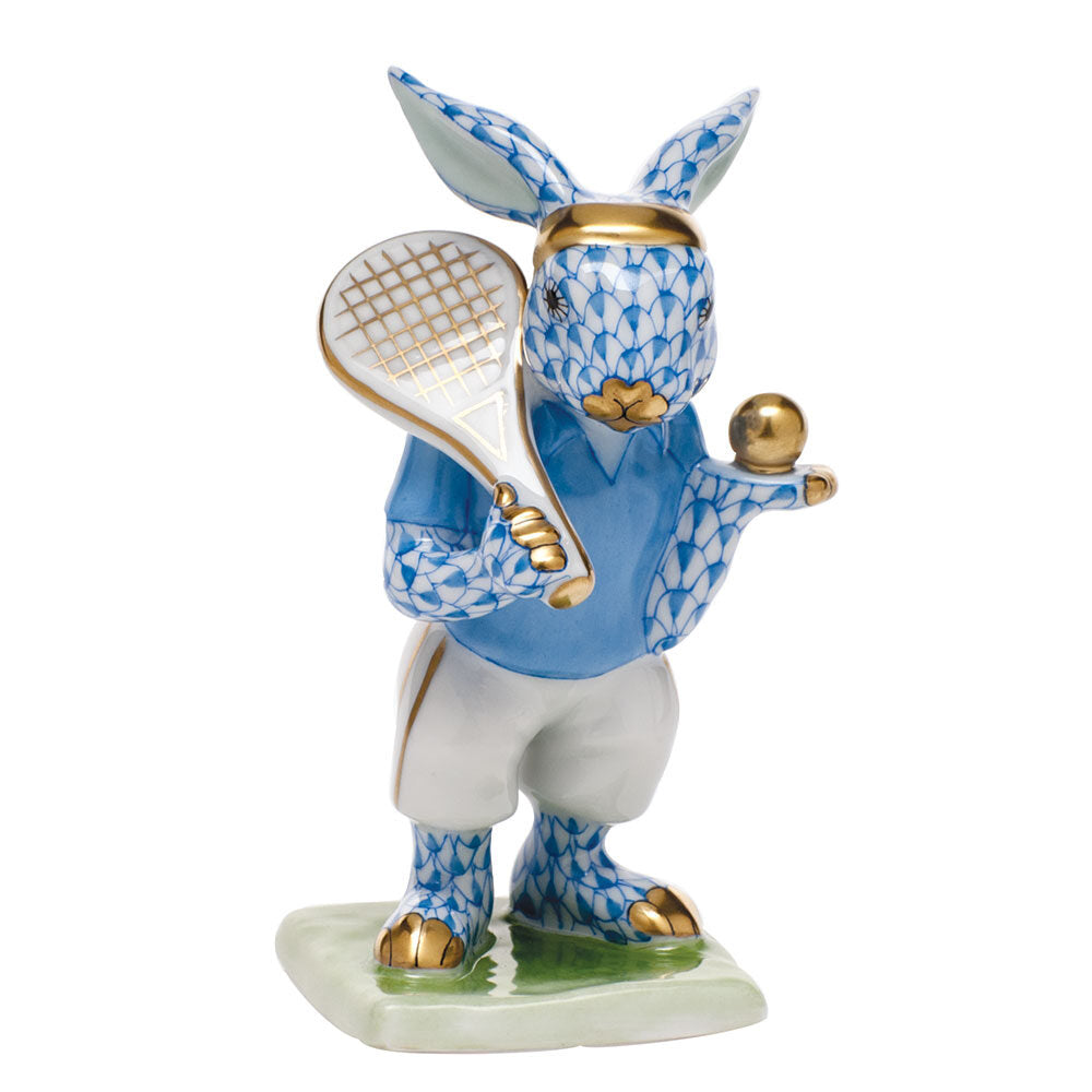 Tennis Bunny Figurine in hand-painted Blue porcelain by Herend of Hungary
