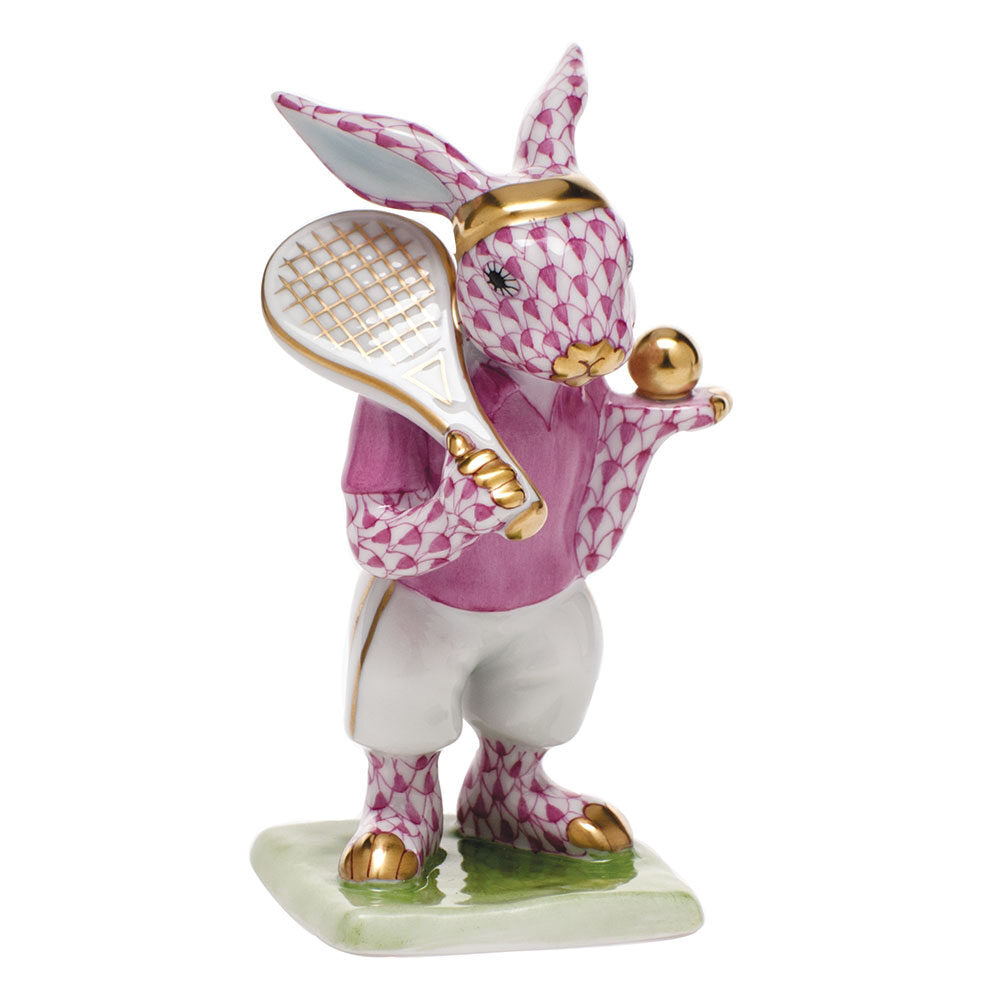 Tennis Bunny Figurine in hand-painted Raspberry porcelain by Herend of Hungary