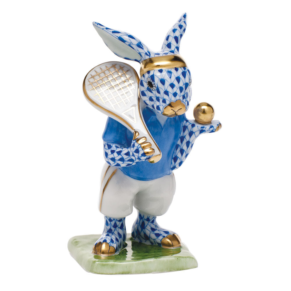 Hand-painted Herend Tennis Bunny Figurine in Sapphire fishnet porcelain on a white background