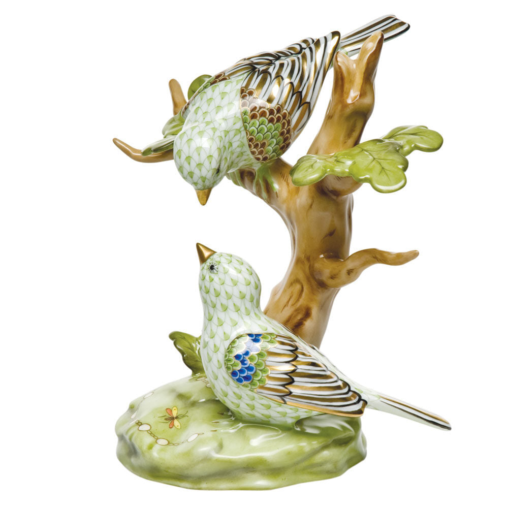 Hand-painted Herend The Rothschild Birds Figurine in fine porcelain, 5in L X 6.5in H, on a white background