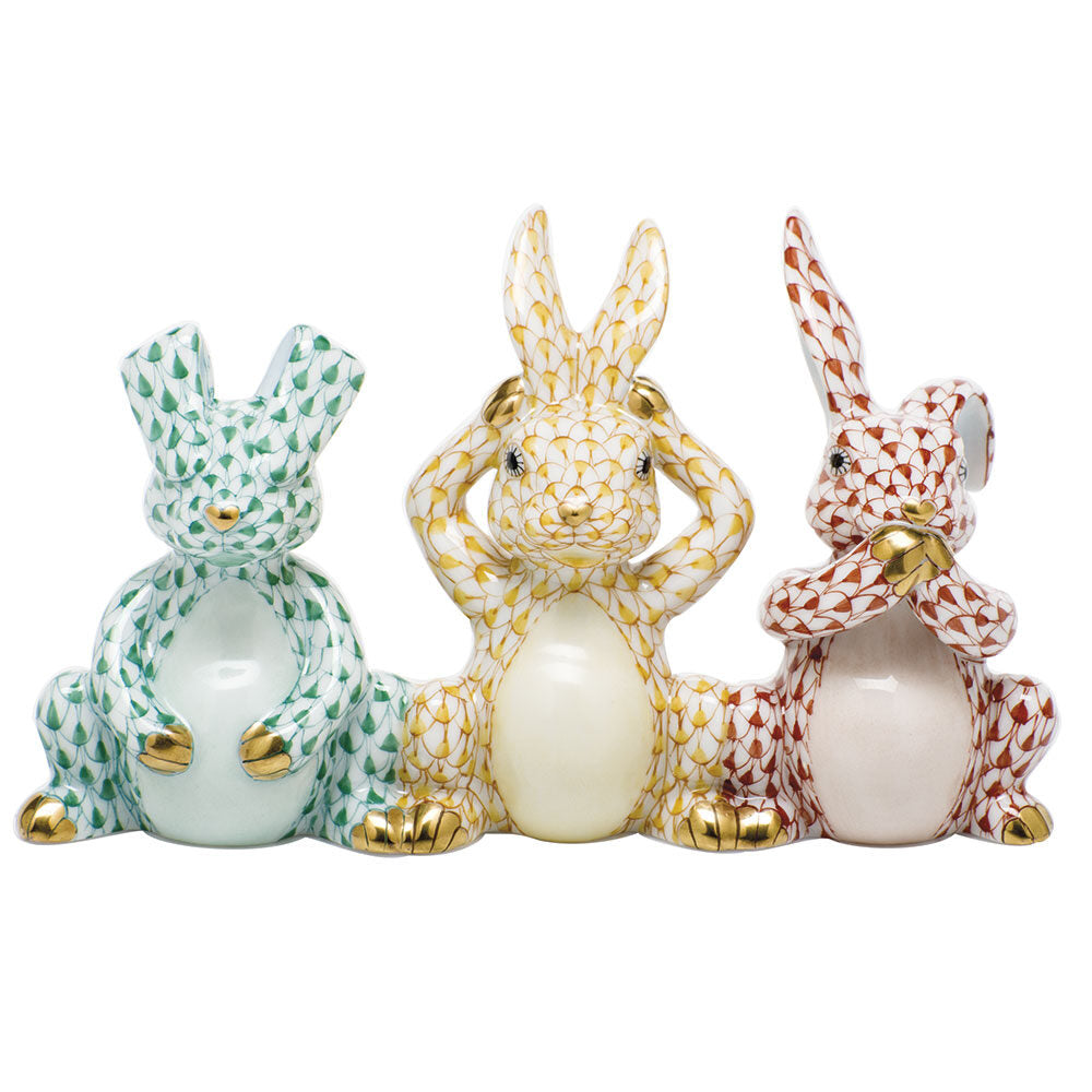Herend Three Wise Bunnies Figurine porcelain figurine painted in the Green-Butterscotch-Rust fishnet pattern