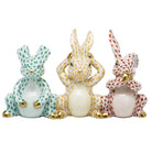 Herend Three Wise Bunnies Figurine porcelain figurine painted in the Green-Butterscotch-Rust fishnet pattern
