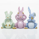 Herend Three Wise Bunnies Figurine porcelain figurine painted in the Key Lime-Raspberry-Blue fishnet pattern