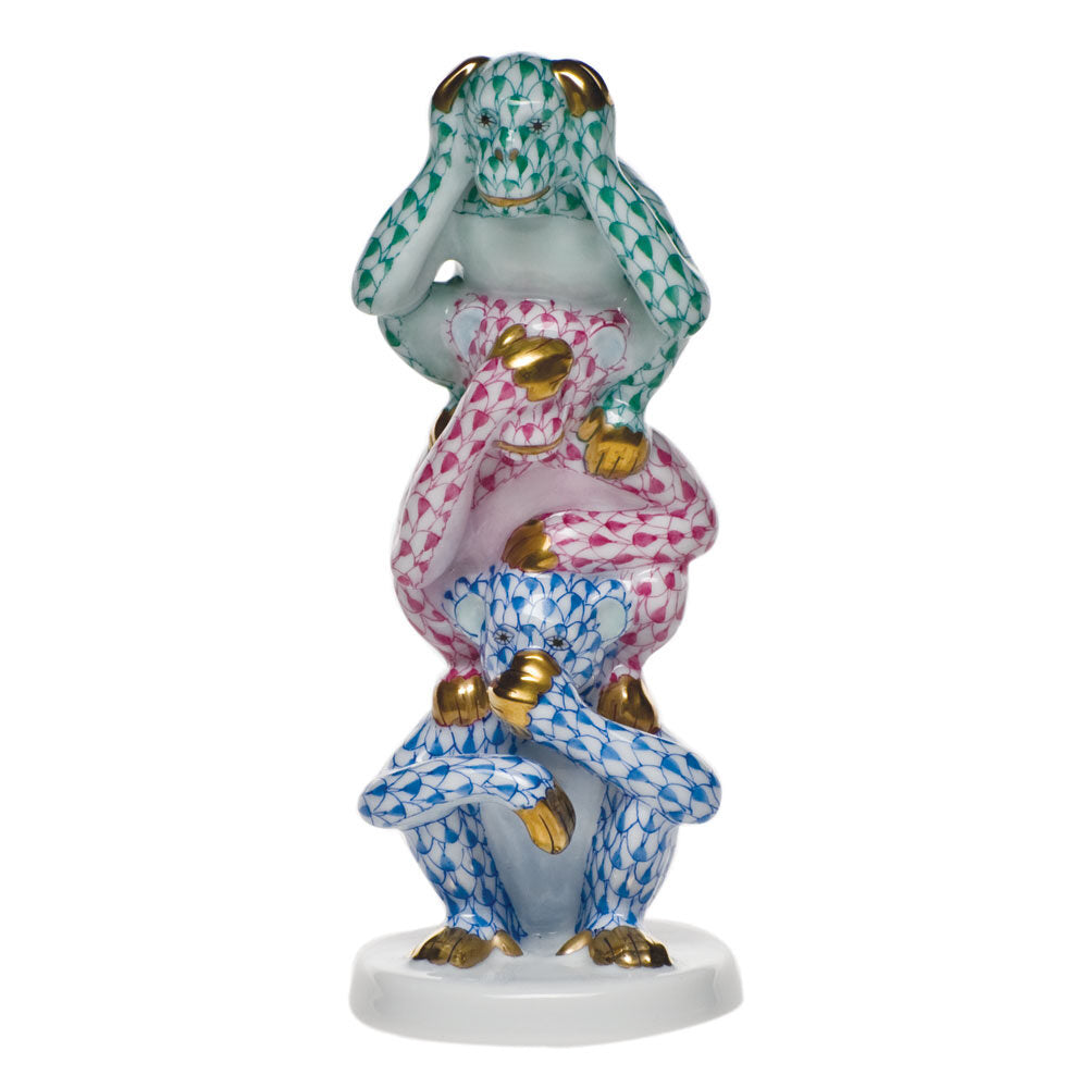 Hand-painted Herend Three Wise Monkeys Figurine in fine porcelain, 2in L X 5in H, on a white background
