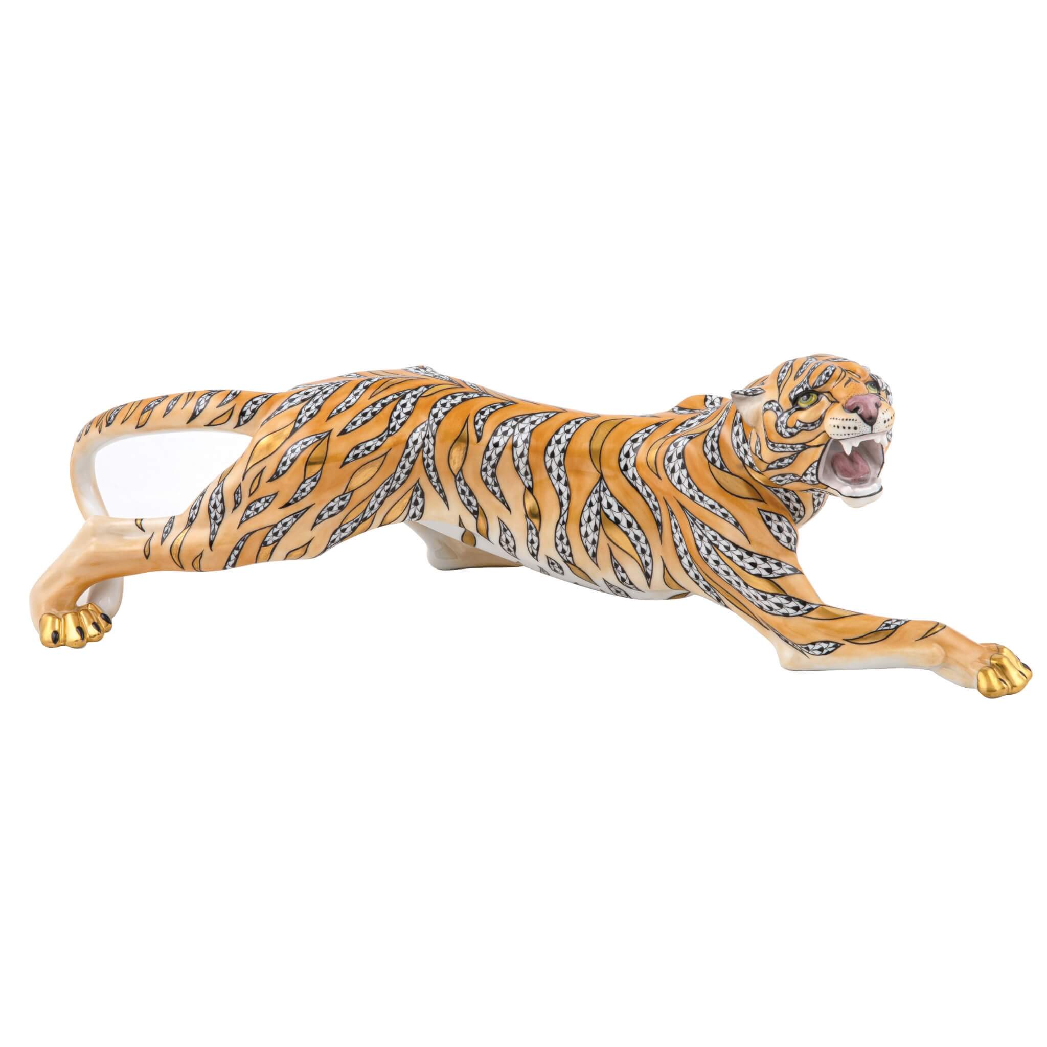 Hand-painted Herend Tiger Figurine in fine porcelain, 17.75in L X 6in W X 5.5in H, on a white background