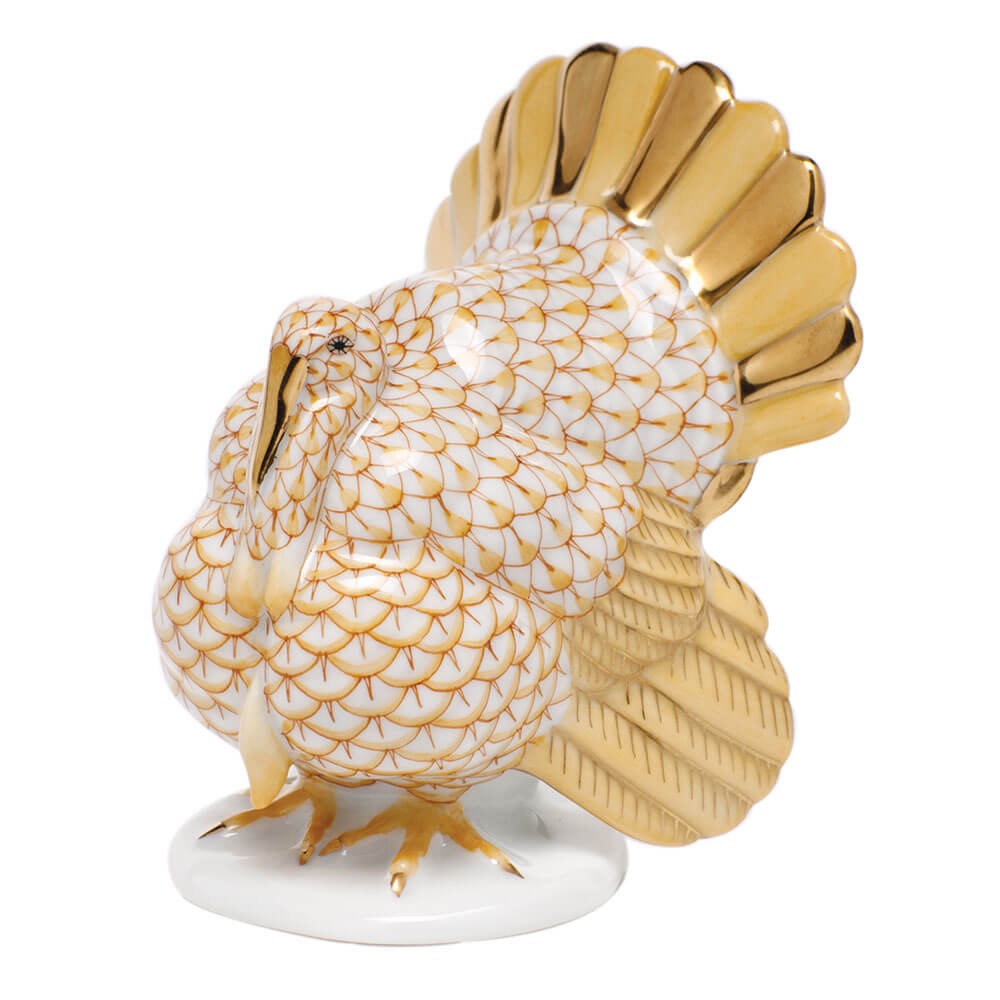 Hand-painted Herend Tom Turkey Figurine in Butterscotch fishnet porcelain on a white background