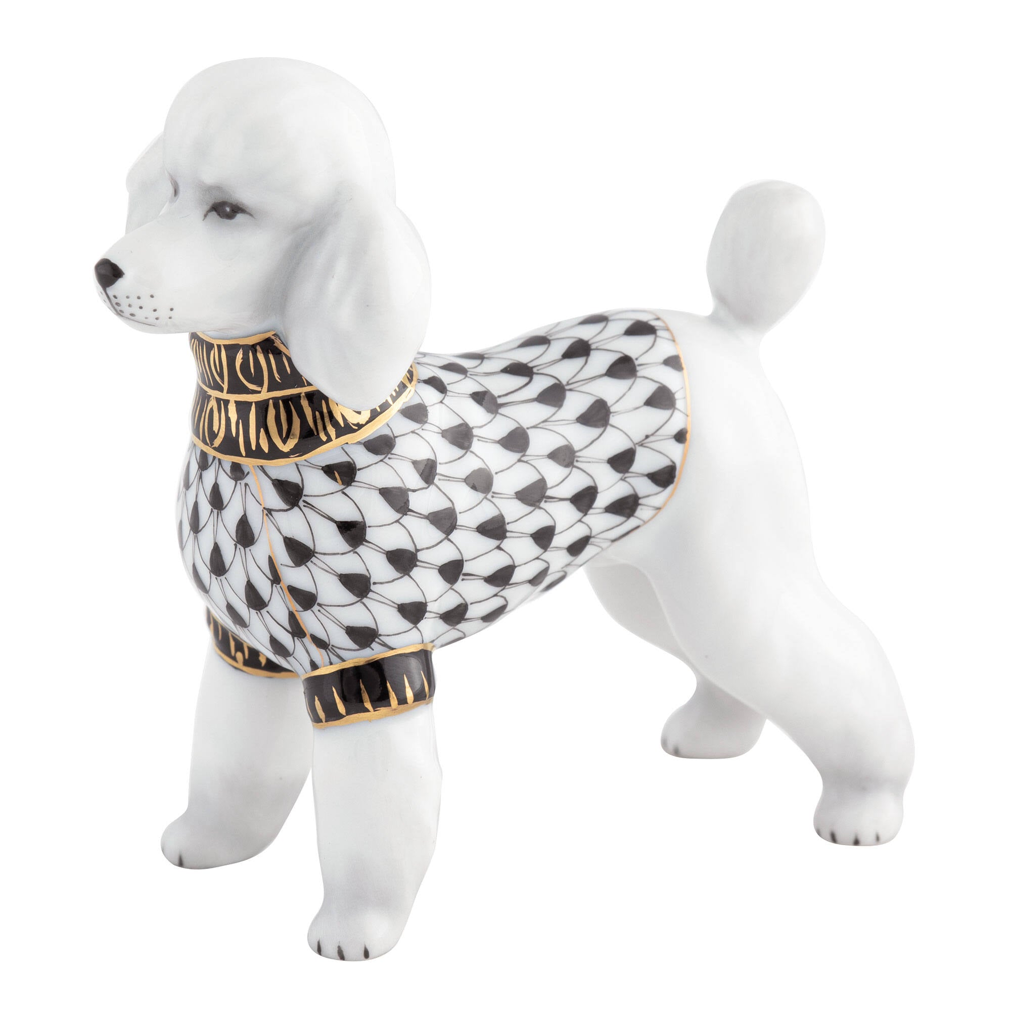 Herend Toy Poodle Figurine porcelain figurine painted in the Black fishnet pattern