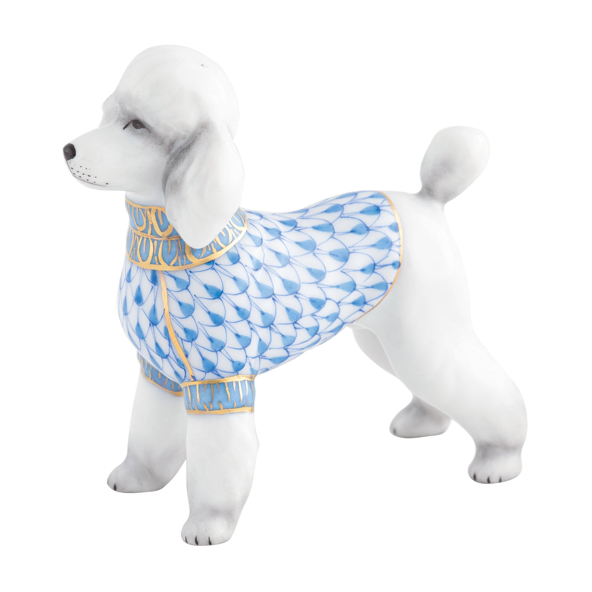 Hand-painted Herend Toy Poodle Figurine in Blue fishnet porcelain on a white background