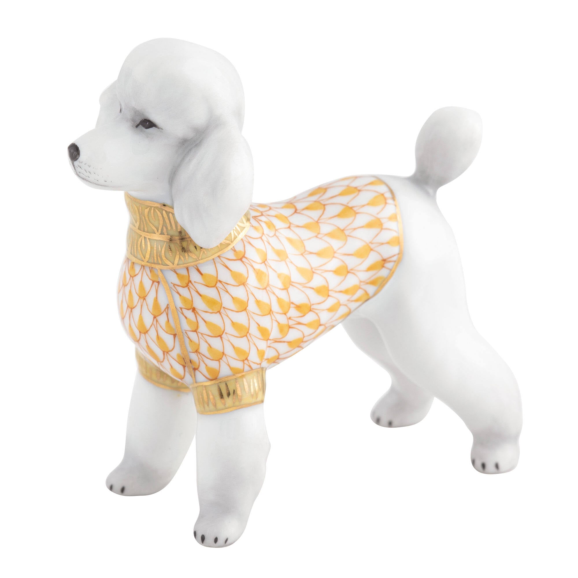 Hand-painted Herend Toy Poodle Figurine in Butterscotch fishnet porcelain on a white background