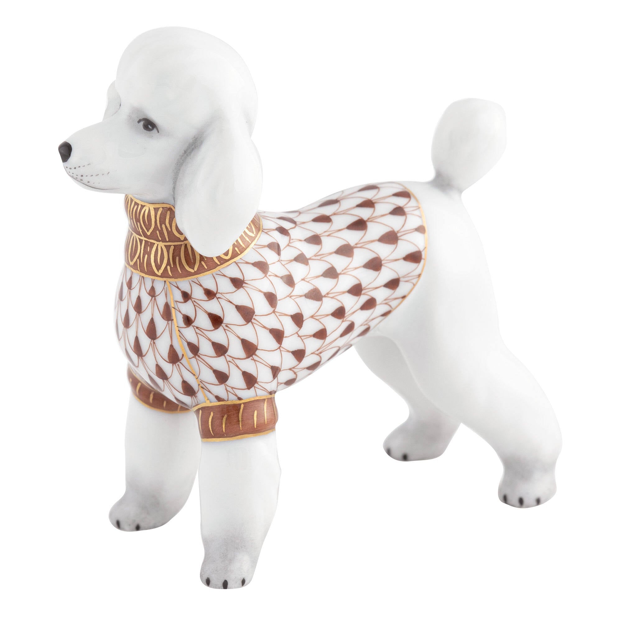 Chocolate fishnet Toy Poodle Figurine figurine, hand-painted Herend porcelain with 24k gold accents