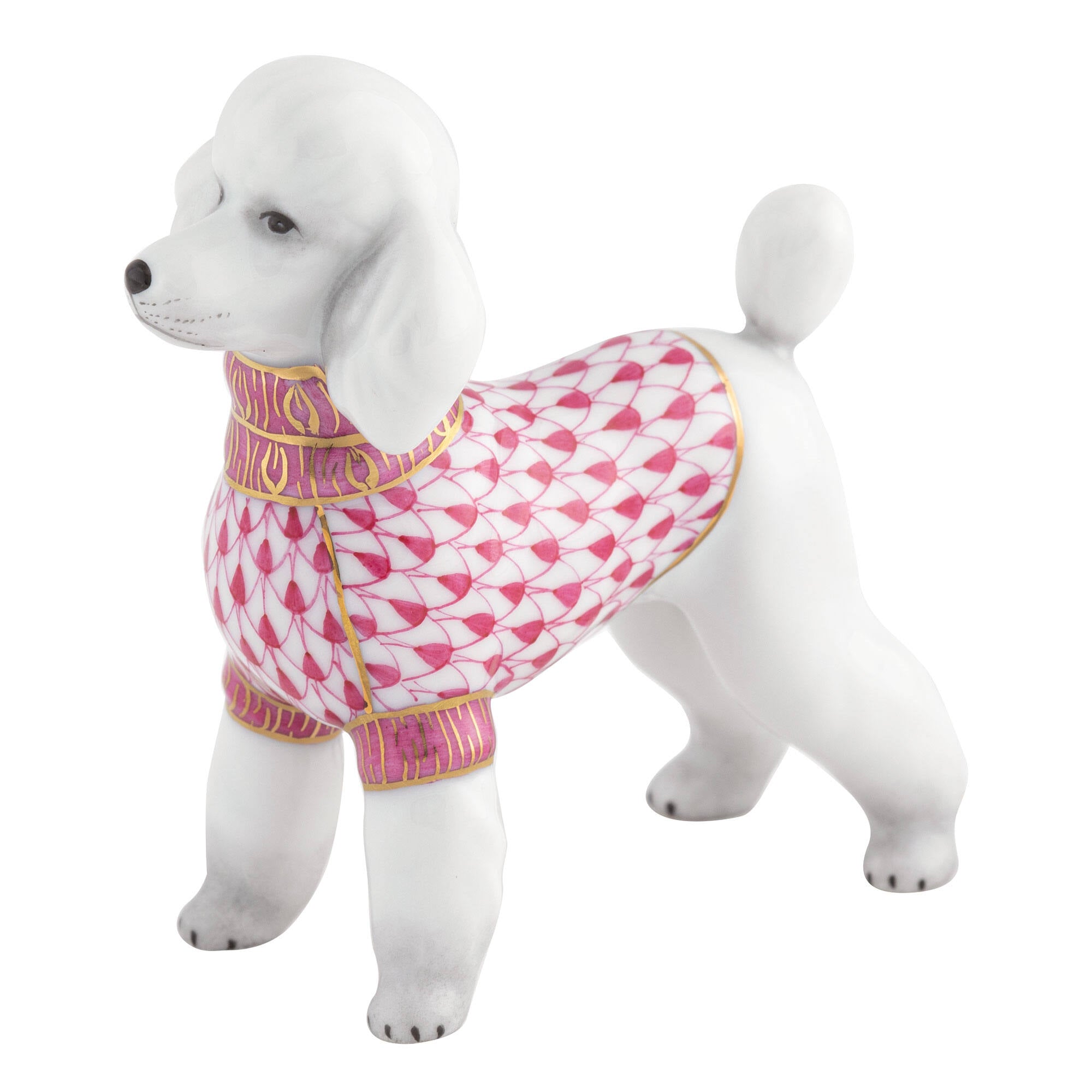 Hand-painted Herend Toy Poodle Figurine in Raspberry fishnet porcelain on a white background