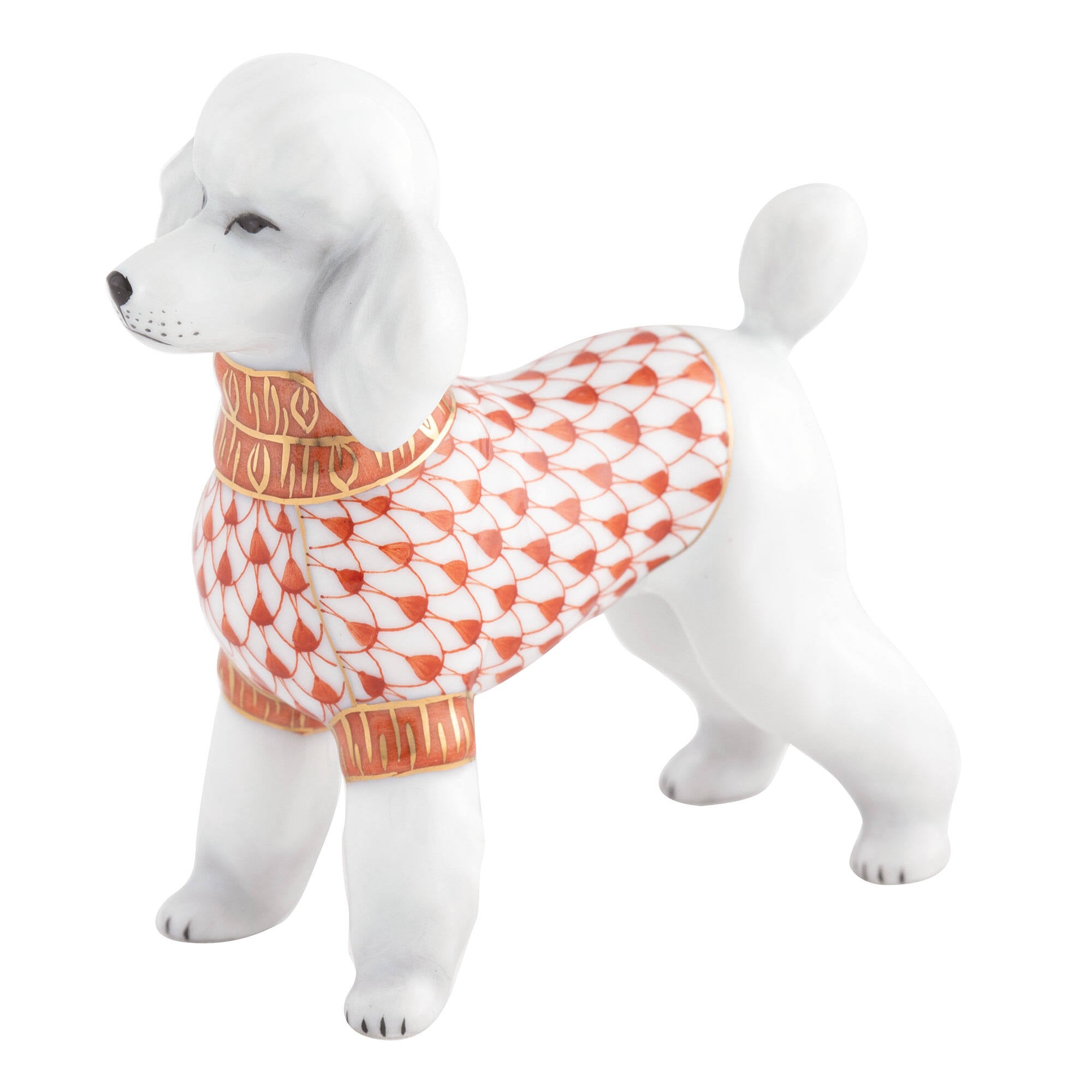 Rust fishnet Toy Poodle Figurine figurine, hand-painted Herend porcelain with 24k gold accents