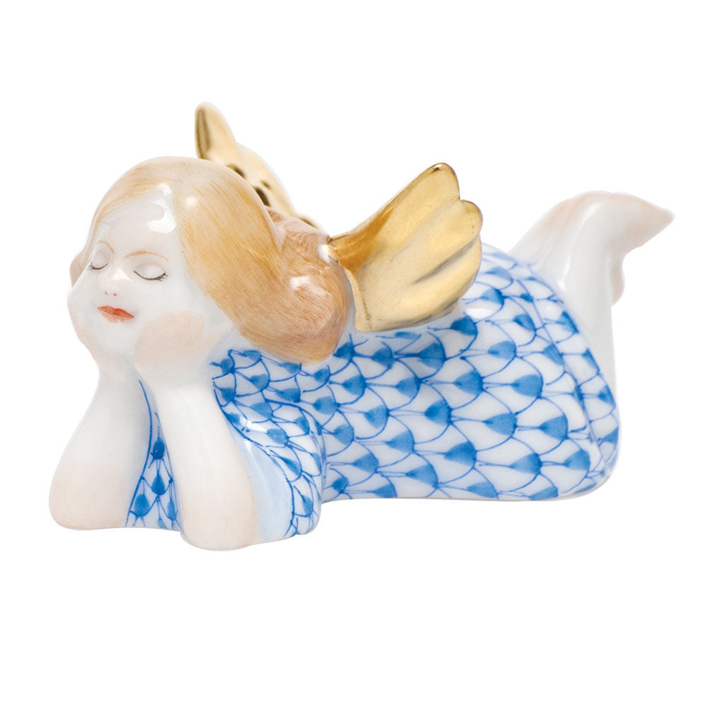 Blue fishnet Tranquility Lying Angel Figurine figurine, hand-painted Herend porcelain with 24k gold accents