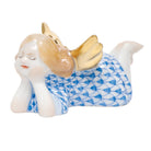 Blue fishnet Tranquility Lying Angel Figurine figurine, hand-painted Herend porcelain with 24k gold accents