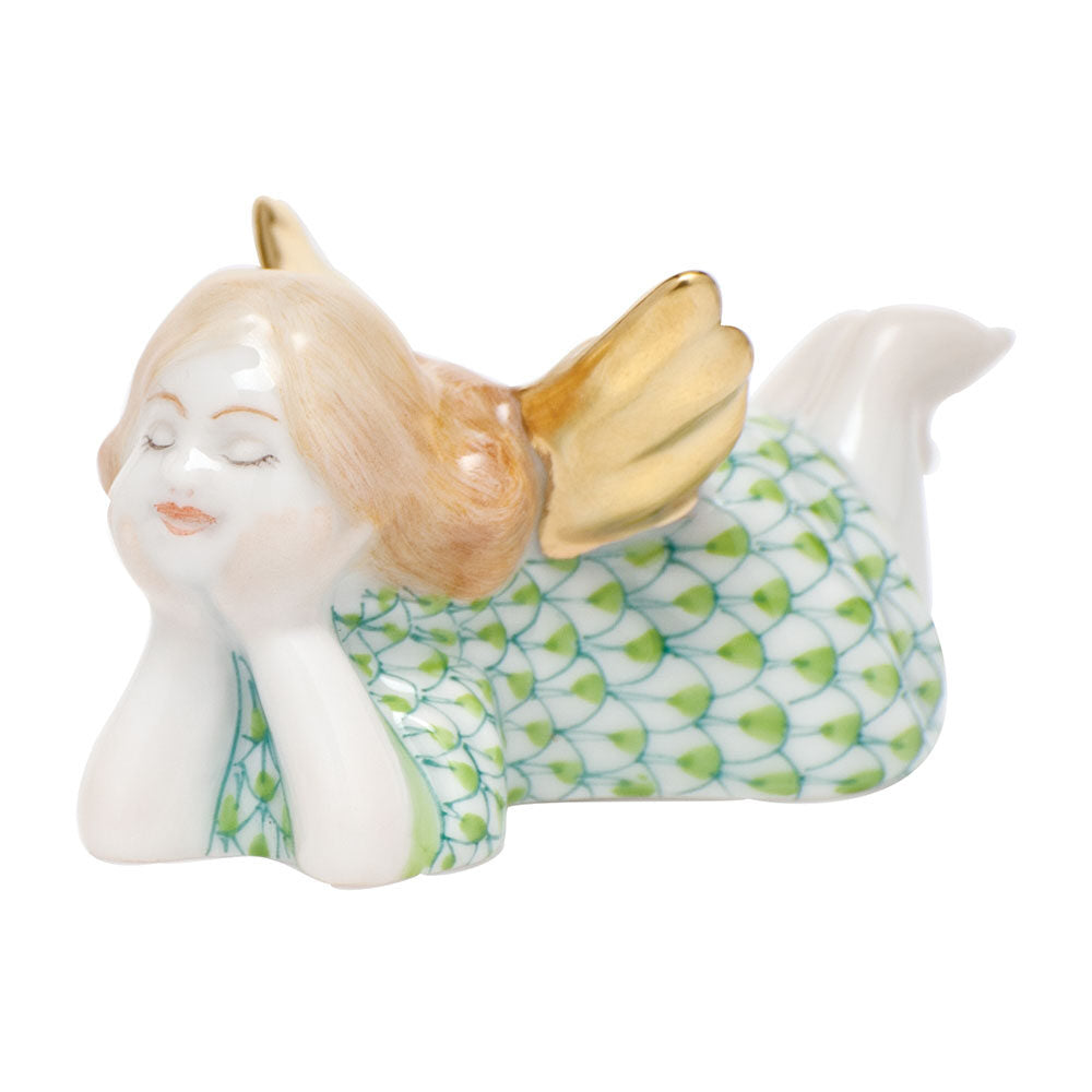 Hand-painted Herend Tranquility Lying Angel Figurine in Key Lime fishnet porcelain on a white background