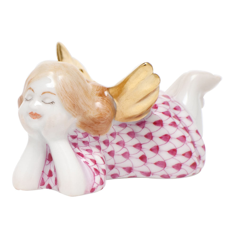 Herend Tranquility Lying Angel Figurine porcelain figurine painted in the Raspberry fishnet pattern