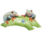 Hand-painted Herend Tree Frogs on Leaf Figurine in fine porcelain, 9.25in L X 3.75in H, on a white background