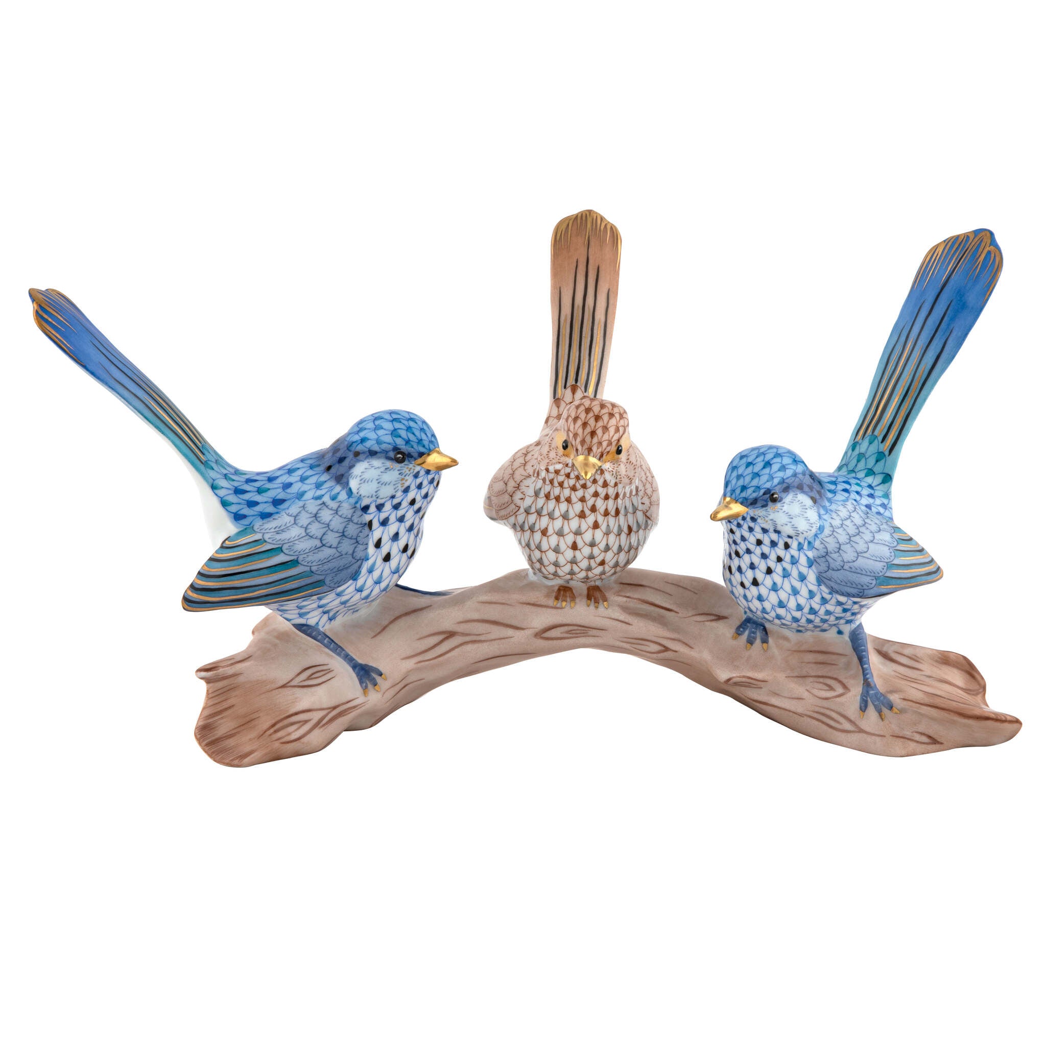 Hand-painted Herend Trio of Splendid Fairywrens Figurine in fine porcelain, 11.75in L X 6in W X 5.75in H, on a white background