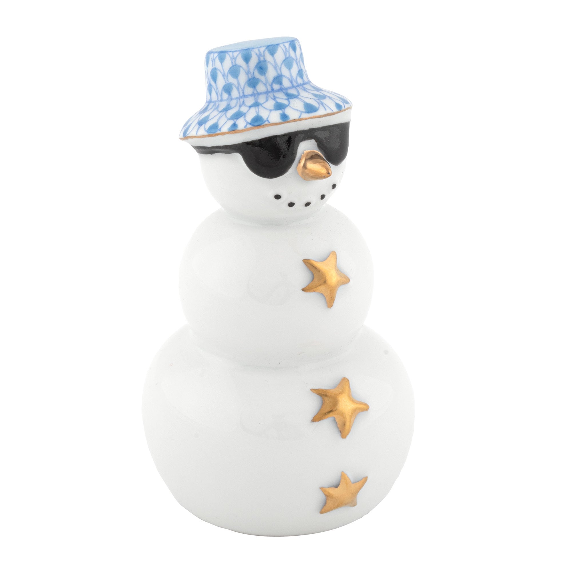 Hand-painted Herend Tropical Snowman Figurine in Blue fishnet porcelain on a white background