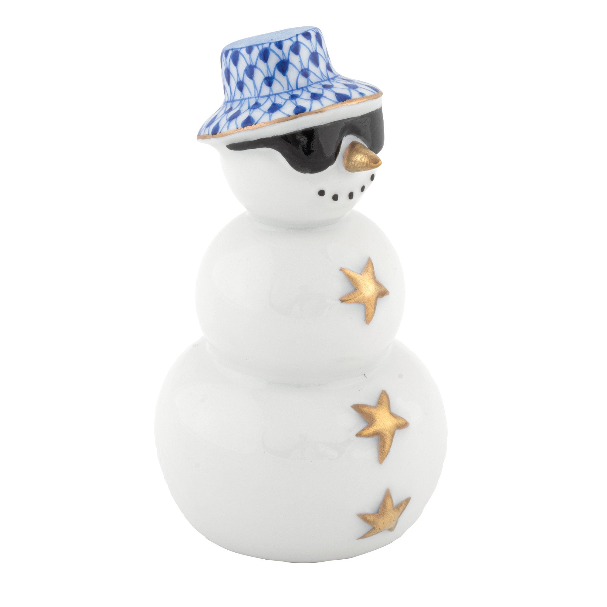 Hand-painted Herend Tropical Snowman Figurine in Sapphire fishnet porcelain on a white background