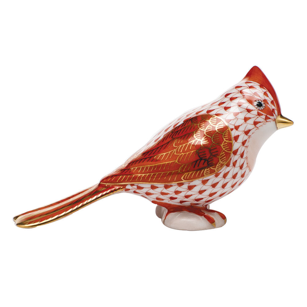 Hand-painted Herend Tufted Titmouse Figurine in Rust fishnet porcelain on a white background