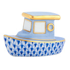 Hand-painted Herend Tug Boat Figurine in Sapphire fishnet porcelain on a white background