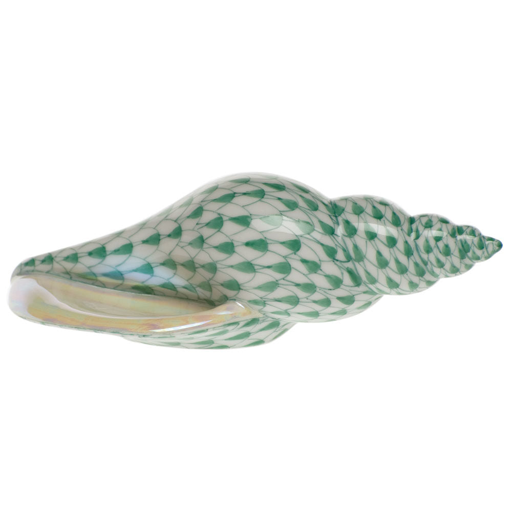 Hand-painted Herend Tulip Shell Figurine in Green fishnet porcelain on a white background