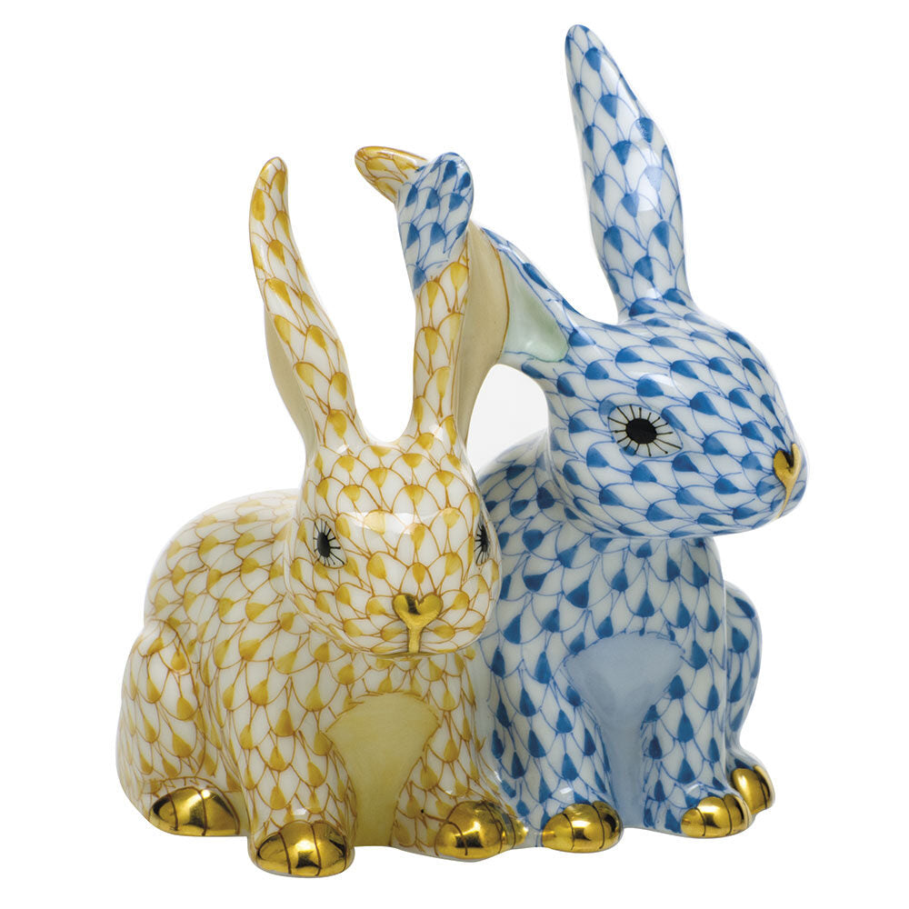 Twisted Bunnies Figurine in hand-painted Blue-Butterscotch porcelain by Herend of Hungary